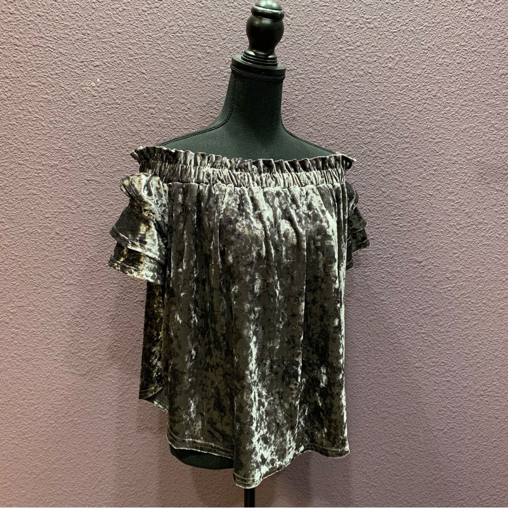 Gray velvet off the shoulder blouse